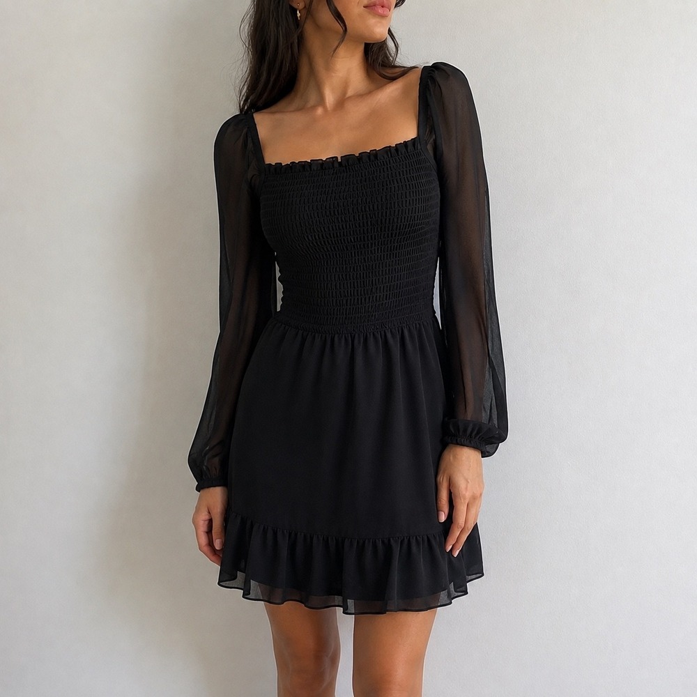 1. STATE Black Smocked Ruffle Hem Dress XS Coquette Whimsigoth Witchy